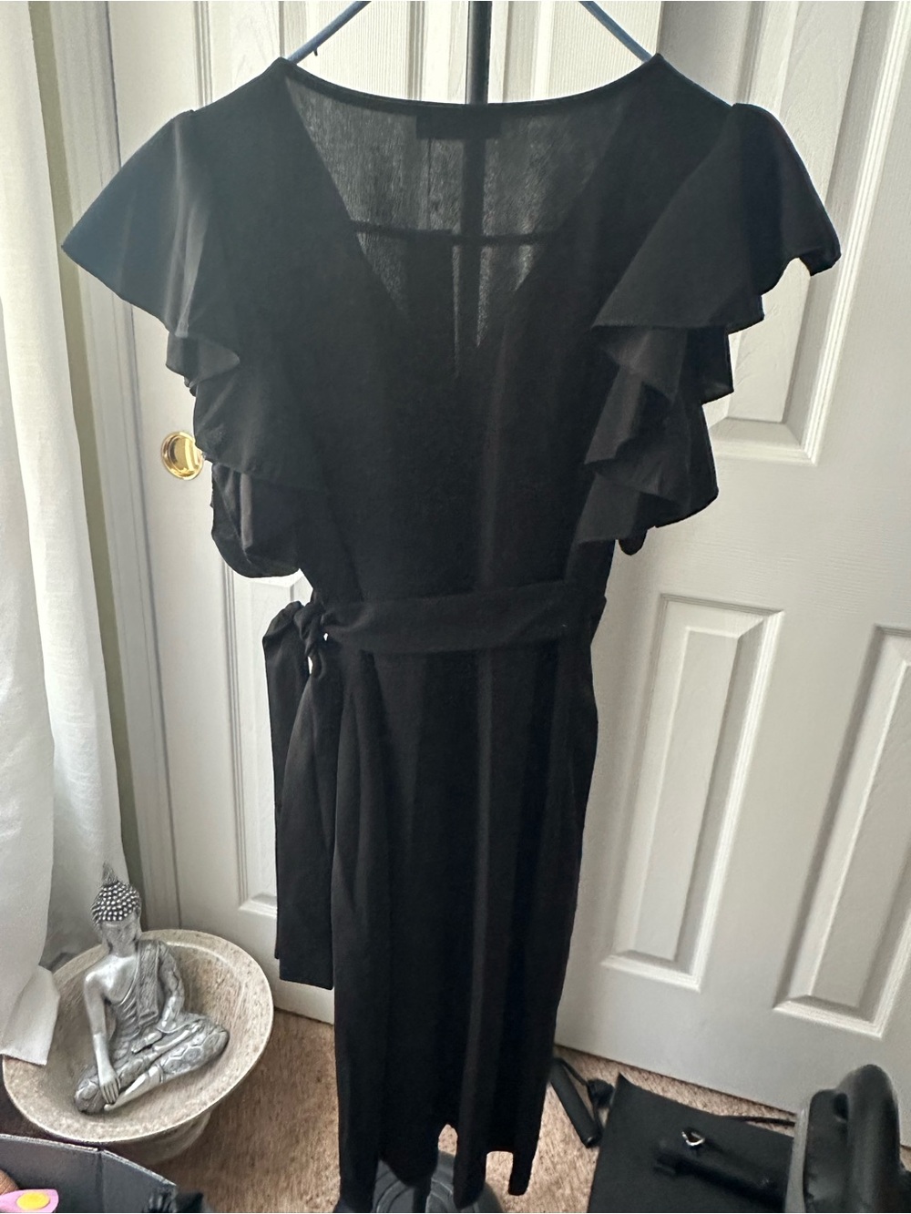 Classic Black Midi Dress with Ruffle Sleeves and Tie Waist